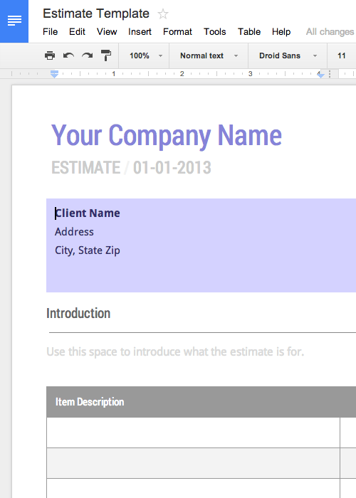 Estimate Template Google Docs