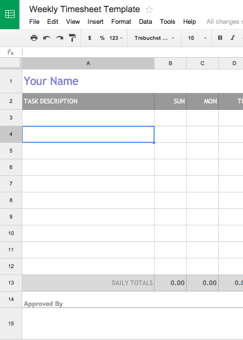 Free Weekly Timesheet Template for Google Docs - AKA Timecard or Time Card Template.
